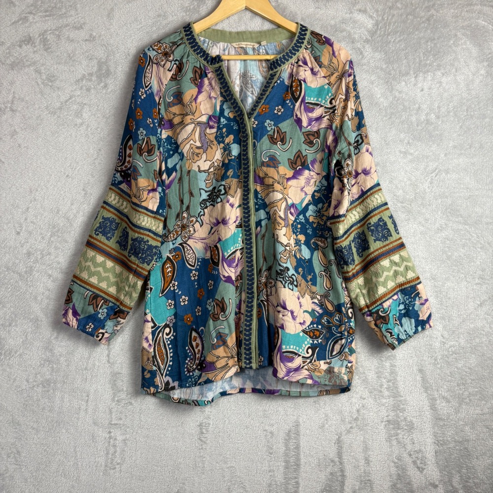 Soft Surroundings Blouse Cardigan Size S Blue Floral Paisley Boho Cotton Tunic